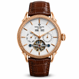 Patek Philippe style rose gold open heart watch with brown leather strap