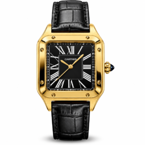 Cartier style Santos gold watch with black Roman numeral dial