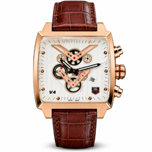 TAG Heuer style Monaco rose gold chronograph watch with brown leather strap