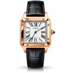 rose gold square luxury watch with black leather strap
