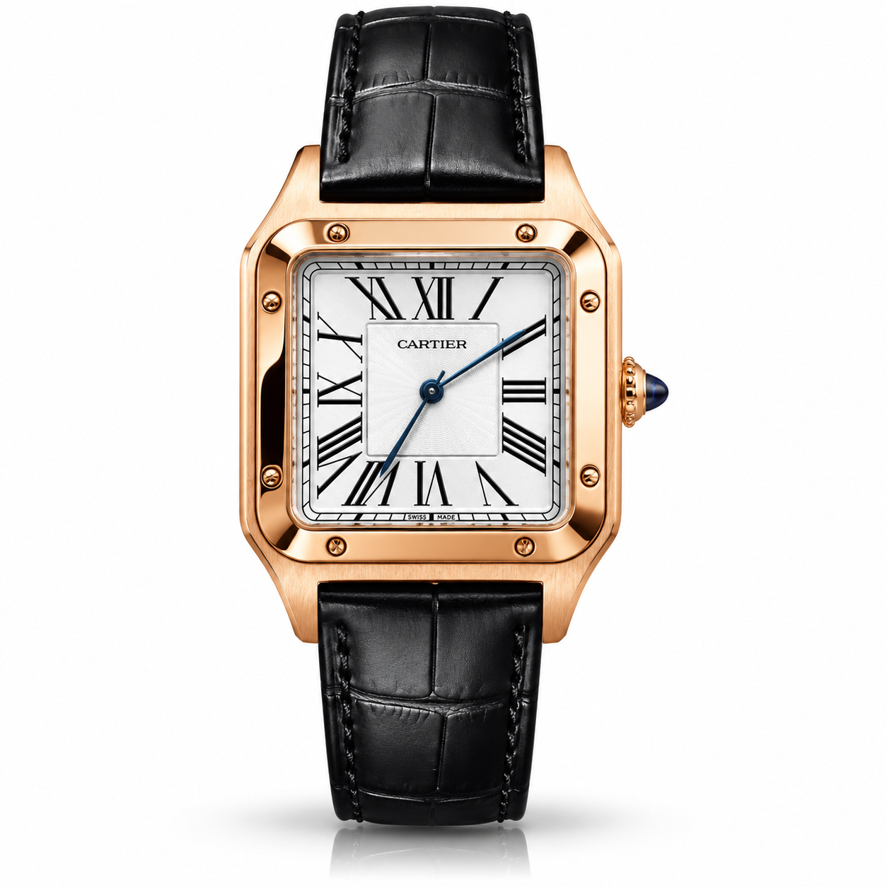rose gold square luxury watch with black leather strap