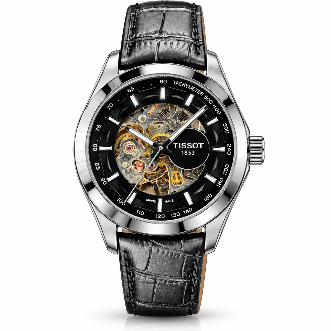 black skeleton automatic watch with leather strap
