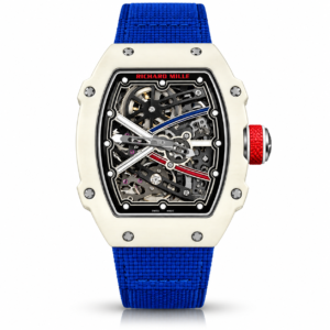 ivory skeleton luxury watch with blue strap