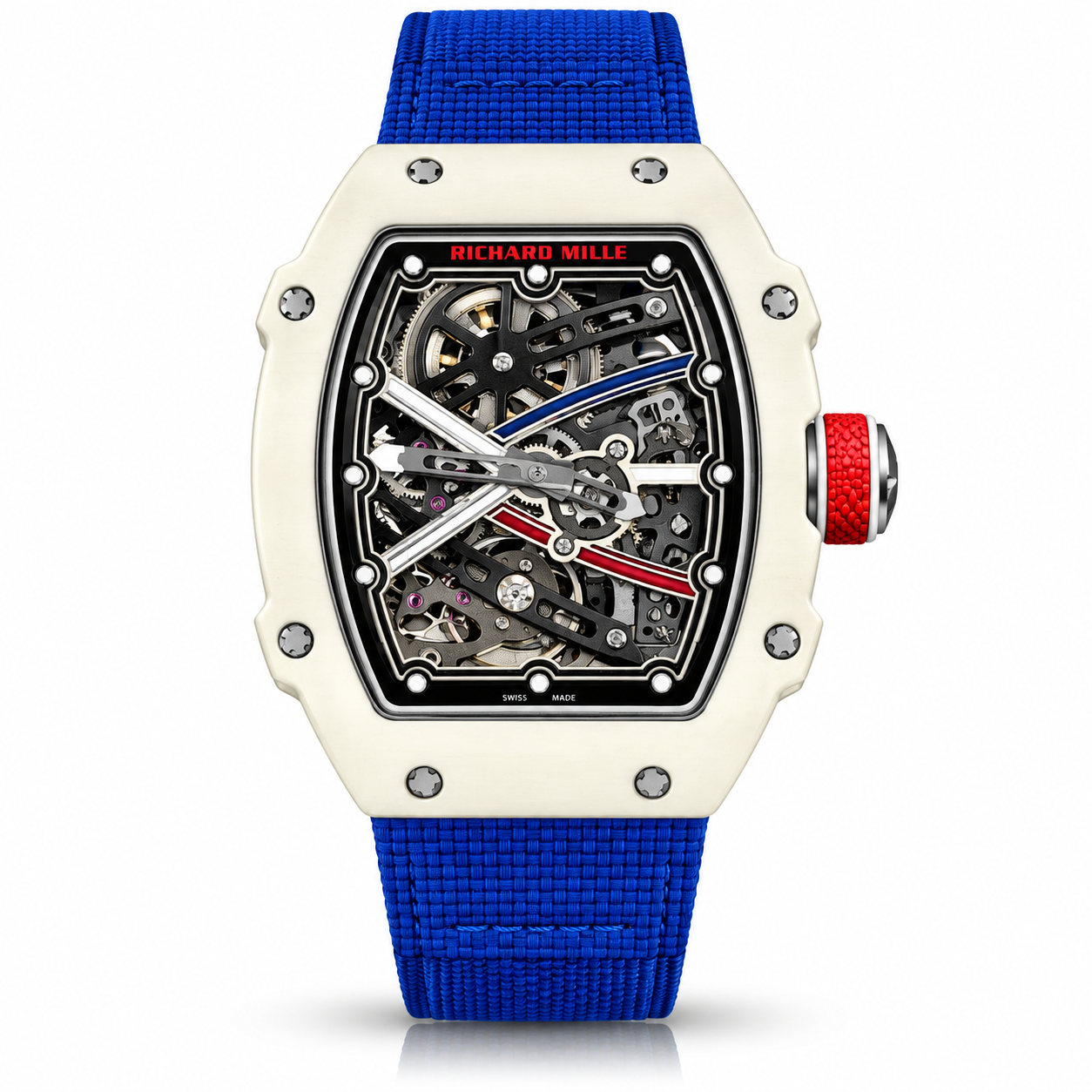 ivory skeleton luxury watch with blue strap