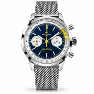 Breitling-inspired blue dial chronograph watch with stainless steel mesh strap