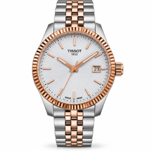 Tissot two tone silver and rose gold watch with stainless steel bracelet