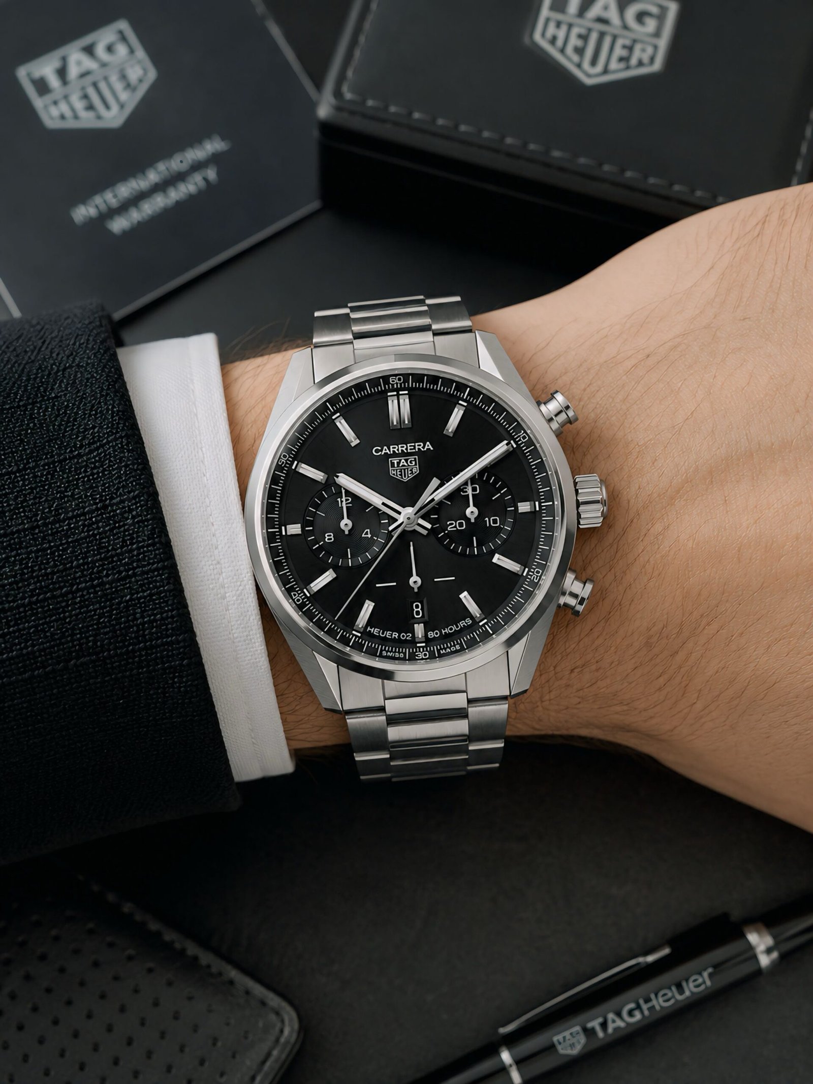 TAG Heuer Carrera Style Black Dial Chronograph Watch – Silver Stainless Steel - Image 2