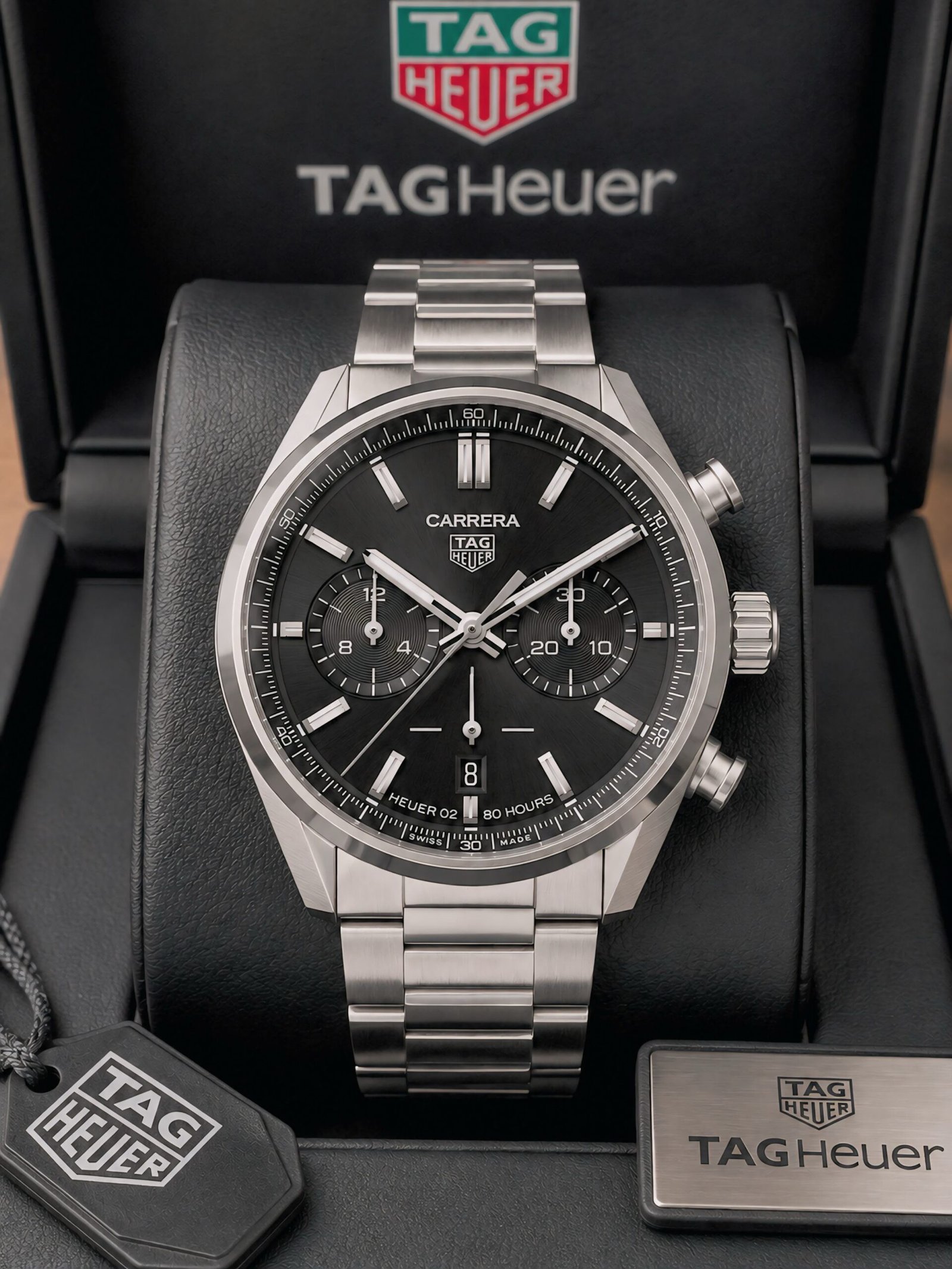 TAG Heuer Carrera Style Black Dial Chronograph Watch – Silver Stainless Steel - Image 3