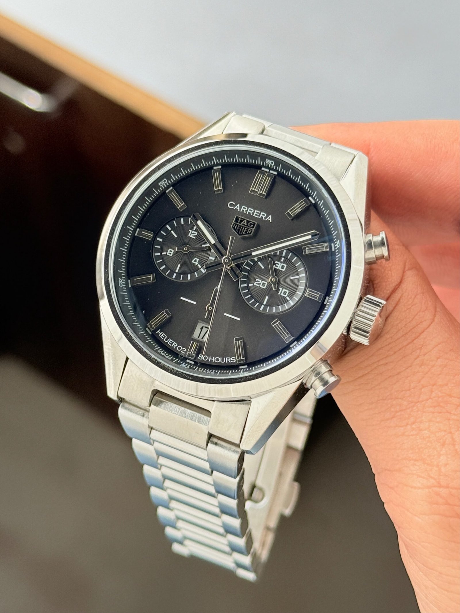 TAG Heuer Carrera Style Black Dial Chronograph Watch – Silver Stainless Steel - Image 4