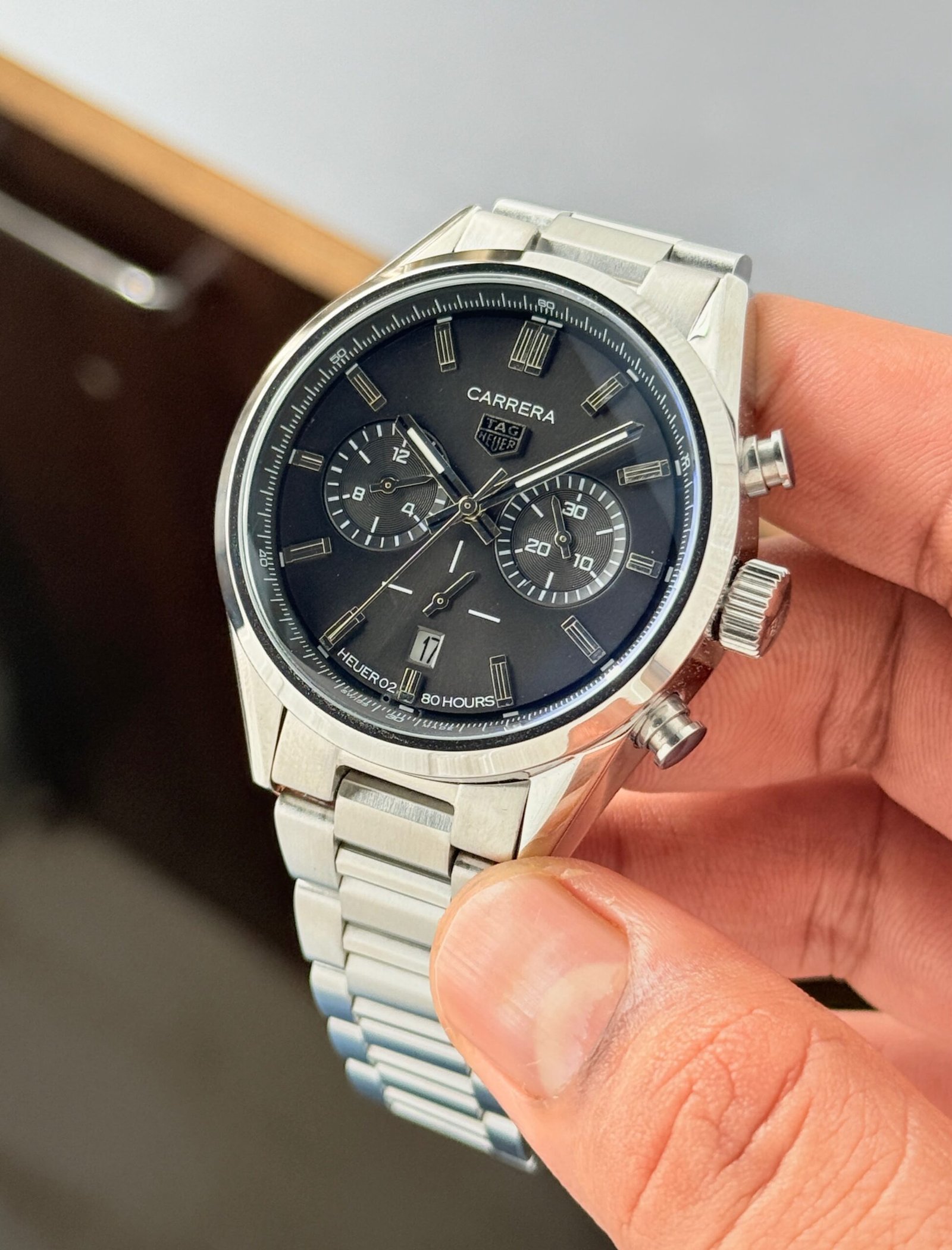 TAG Heuer Carrera Style Black Dial Chronograph Watch – Silver Stainless Steel - Image 6