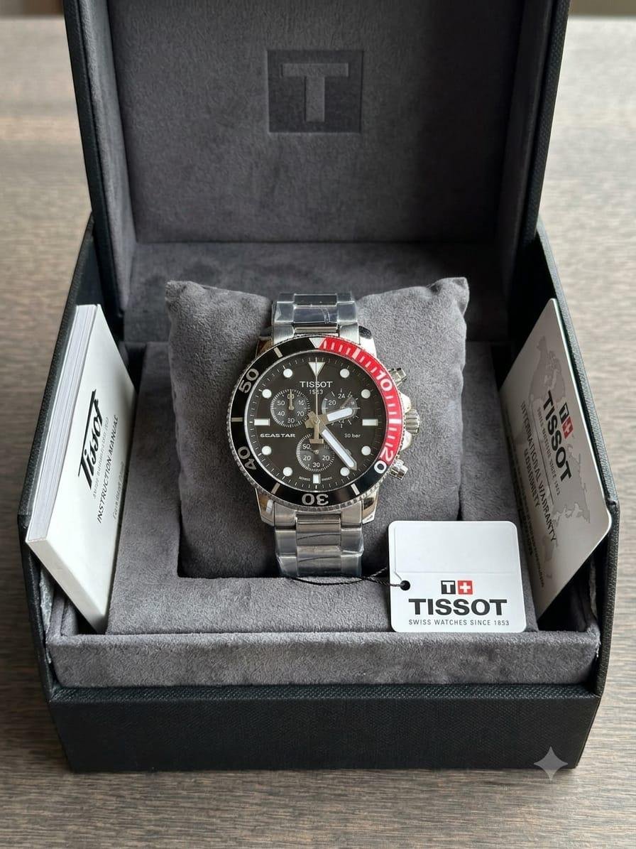 Tissot Seastar Chronograph Black Dial Red Bezel Watch - Image 2