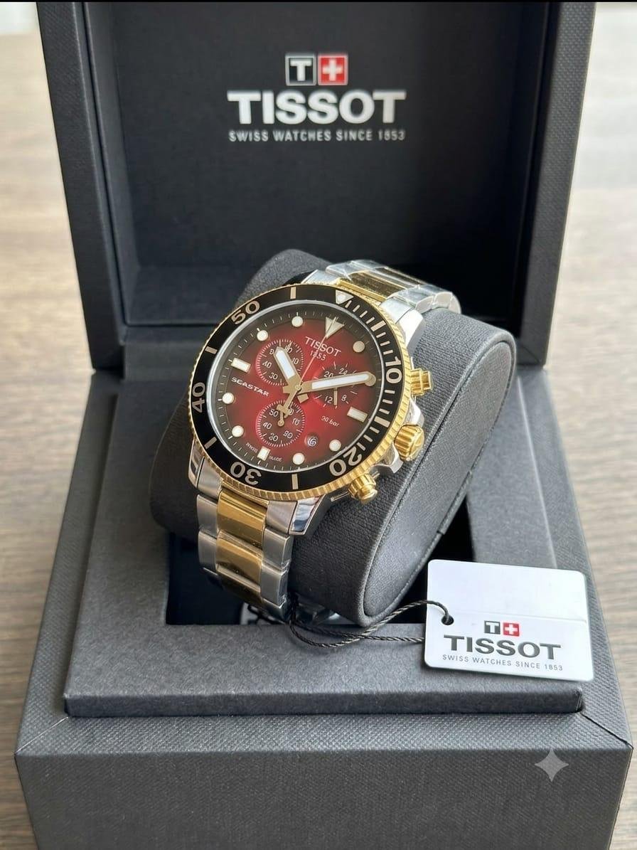 Tissot Seastar Chronograph Red Dial Two-Tone Luxury Watch - Image 2