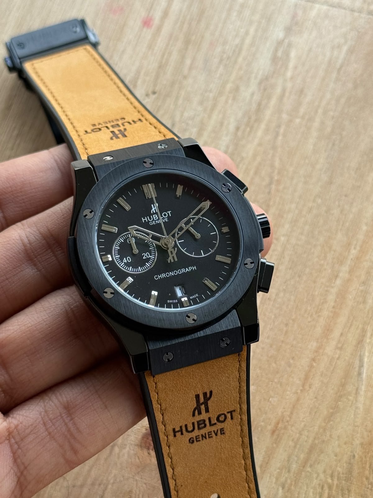 Hublot Chronograph Black Dial Black Case Tan Leather Strap Watch - Image 2