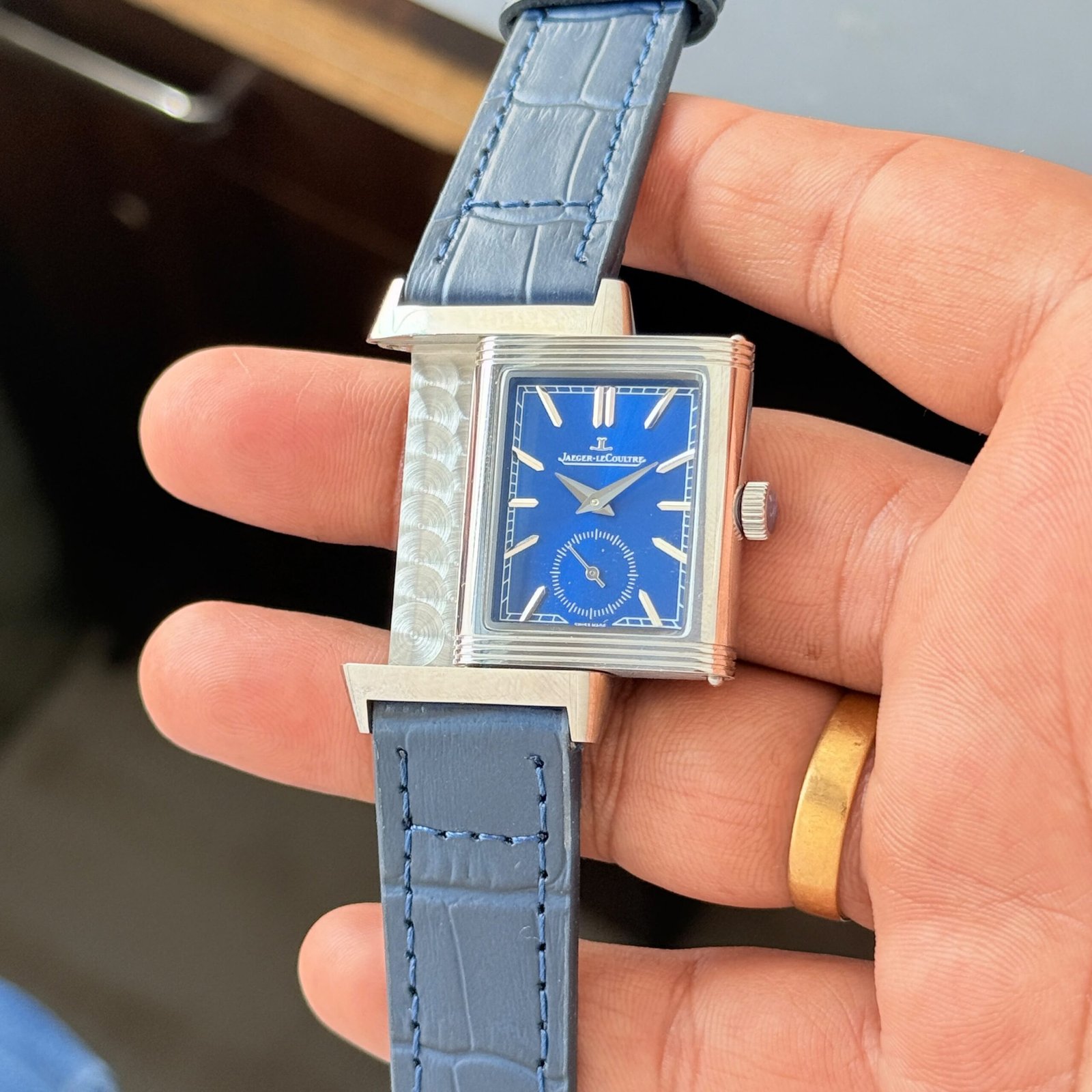 Jaeger-LeCoultre Reverso Blue Dial Luxury Watch – Silver Case & Blue Leather Strap - Image 4