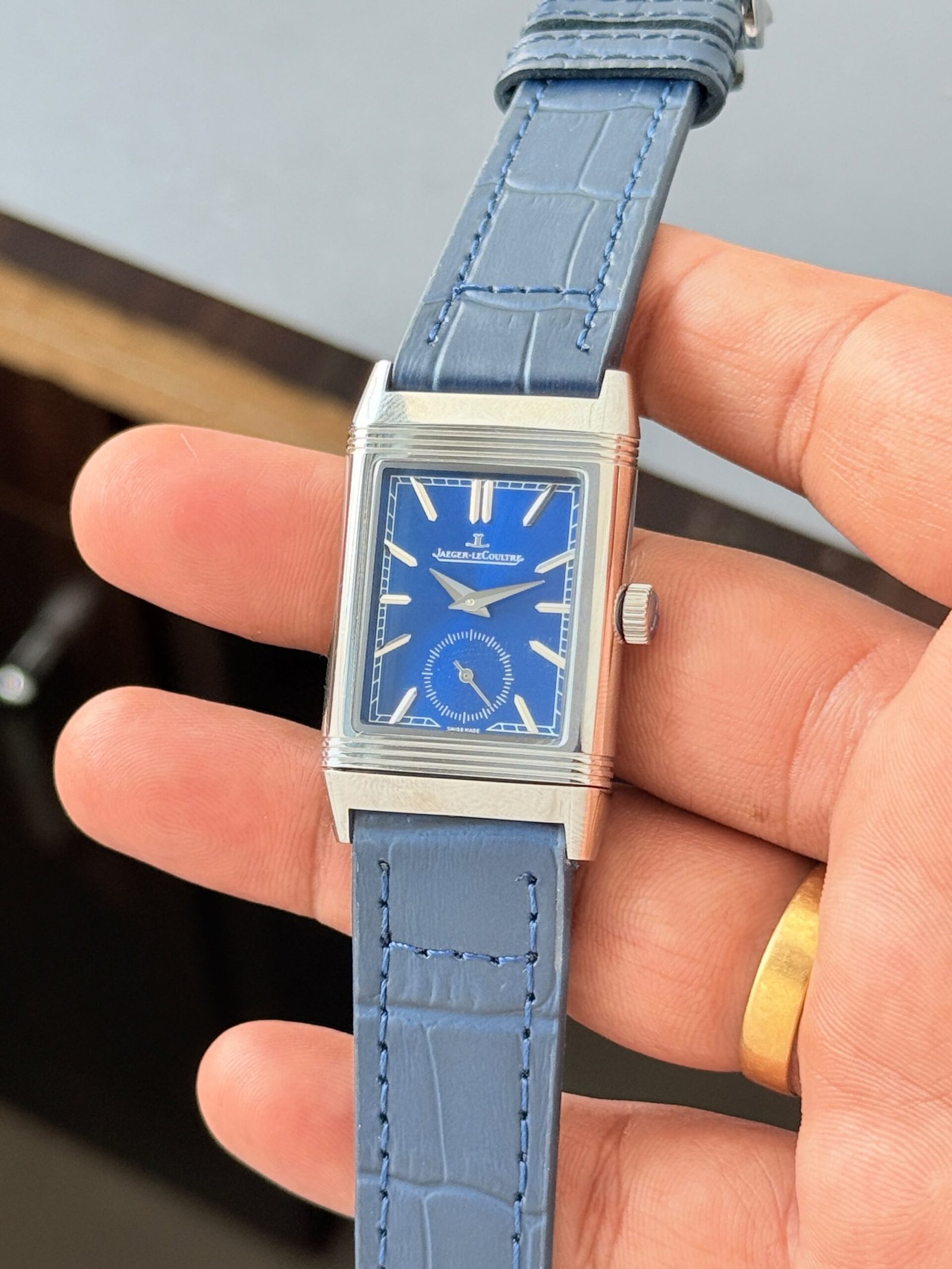 Jaeger-LeCoultre Reverso Blue Dial Luxury Watch – Silver Case & Blue Leather Strap - Image 5