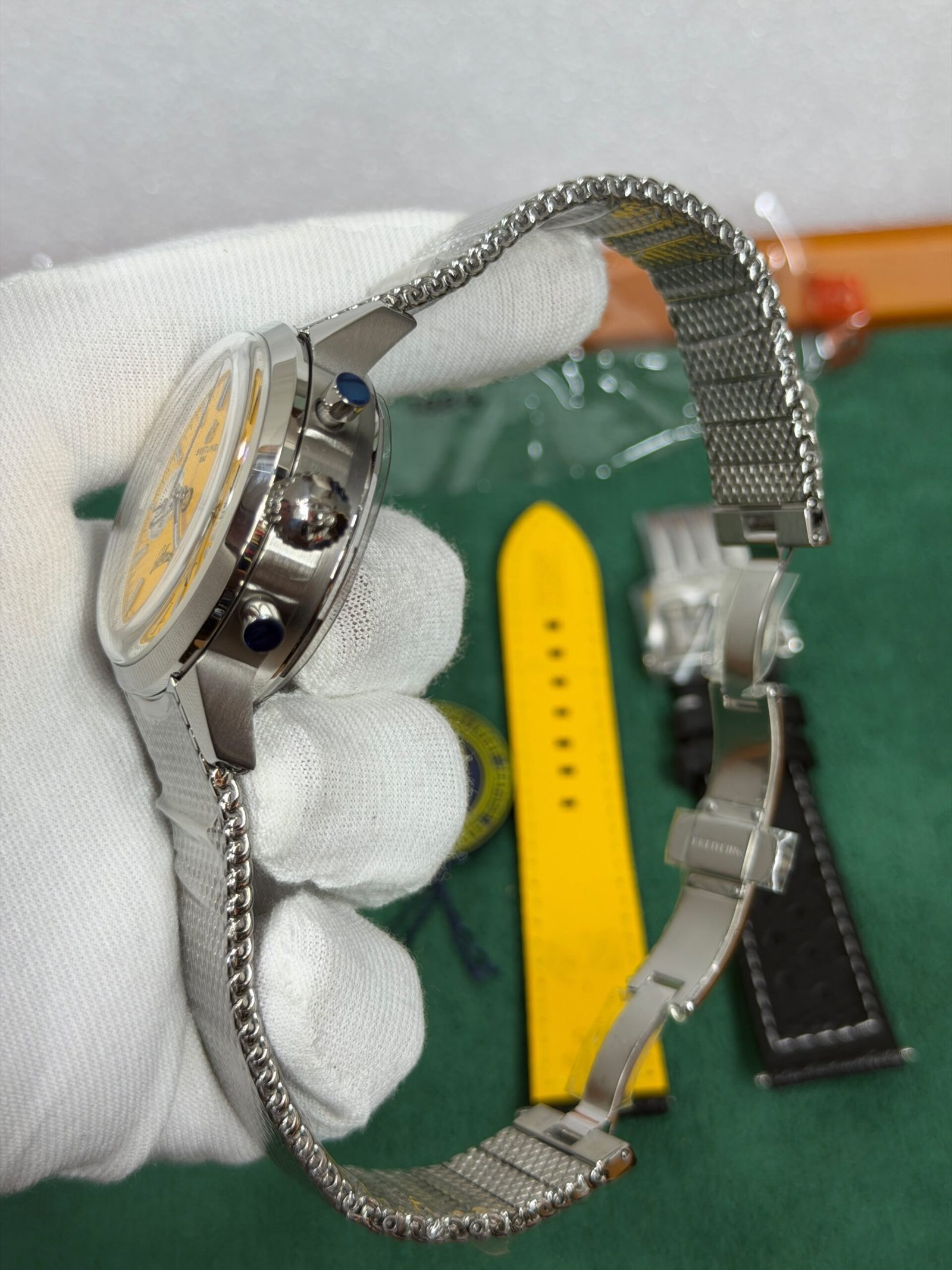 Breitling-Inspired Blue Dial Chronograph Watch with Stainless Steel Mesh Strap - Image 2