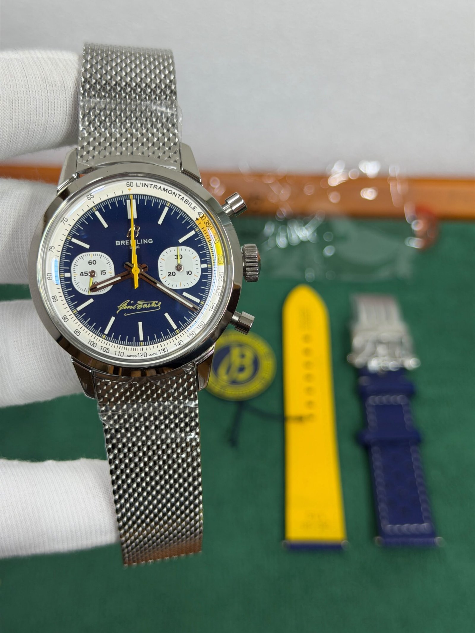 Breitling-Inspired Blue Dial Chronograph Watch with Stainless Steel Mesh Strap - Image 3