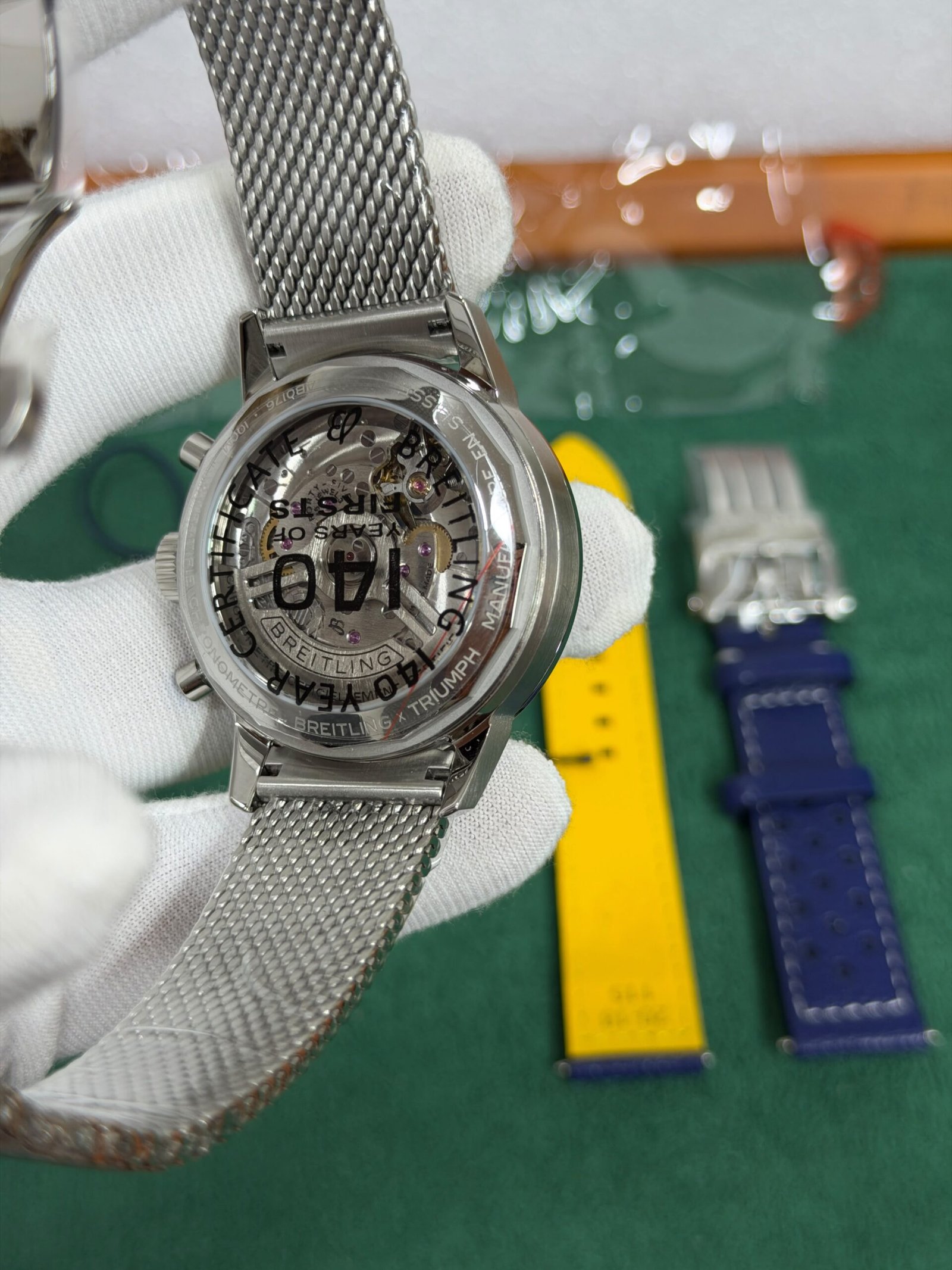 Breitling-Inspired Blue Dial Chronograph Watch with Stainless Steel Mesh Strap - Image 5