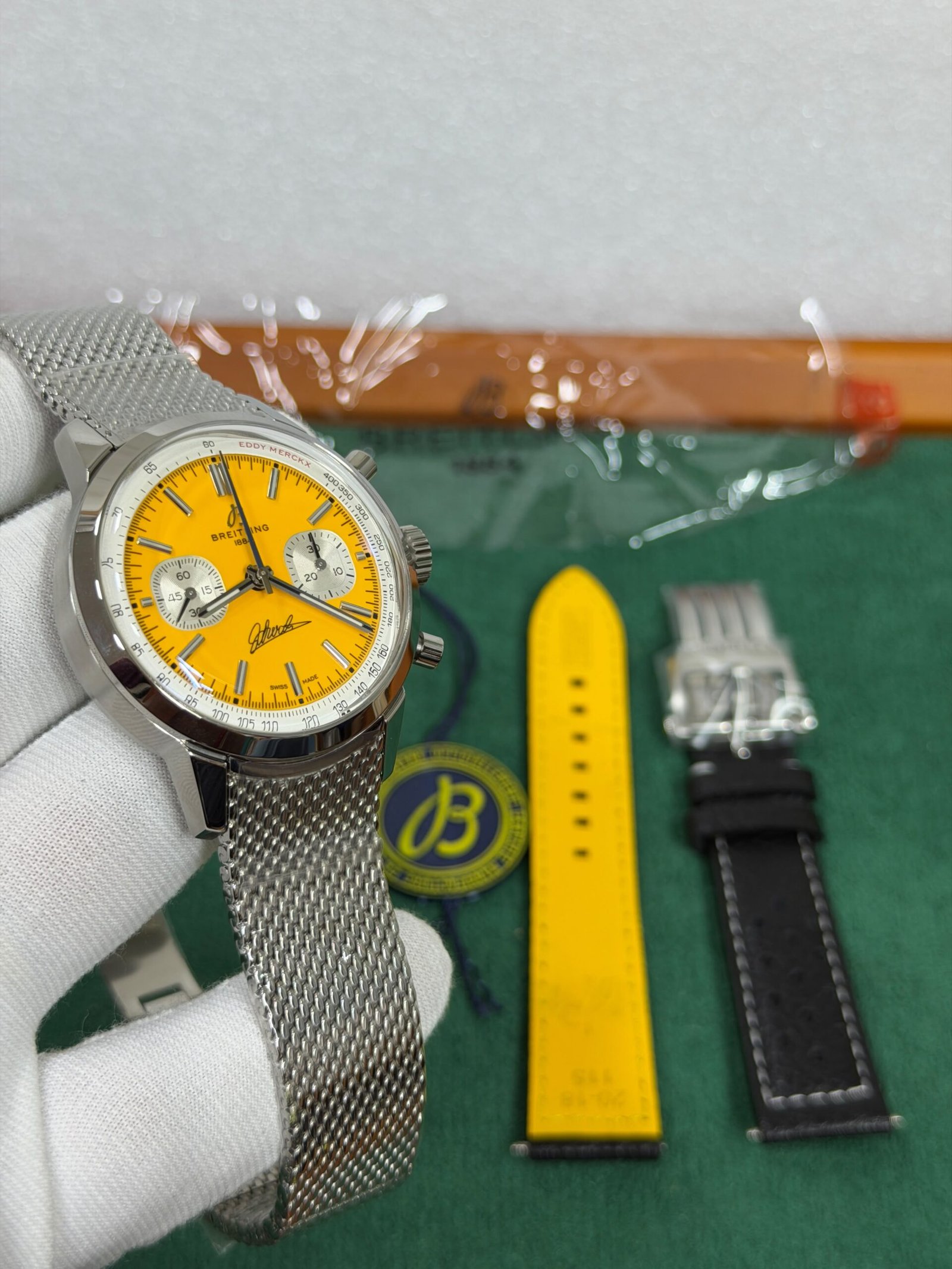 Breitling-Inspired Blue Dial Chronograph Watch with Stainless Steel Mesh Strap - Image 6