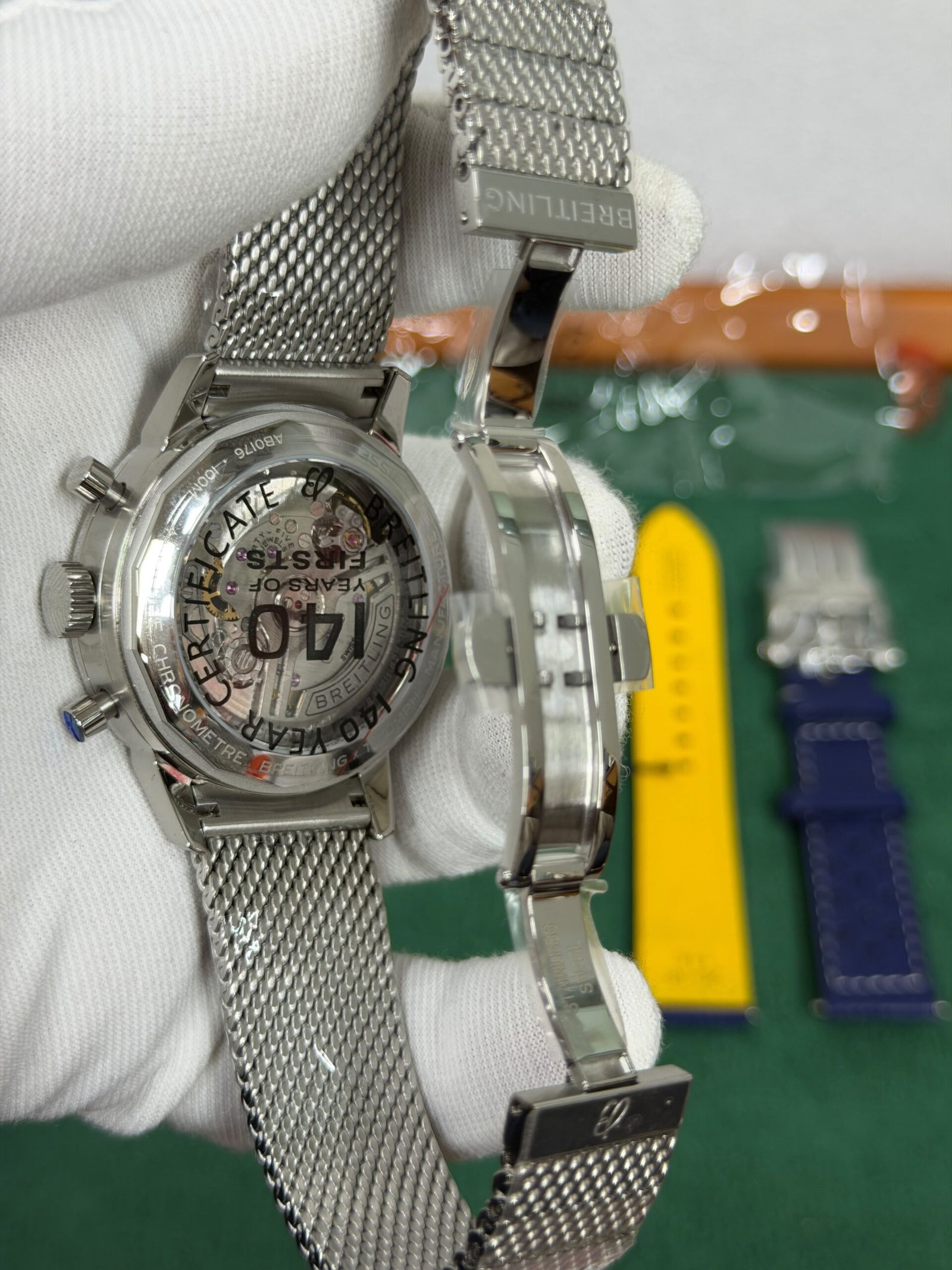 Breitling-Inspired Blue Dial Chronograph Watch with Stainless Steel Mesh Strap - Image 7
