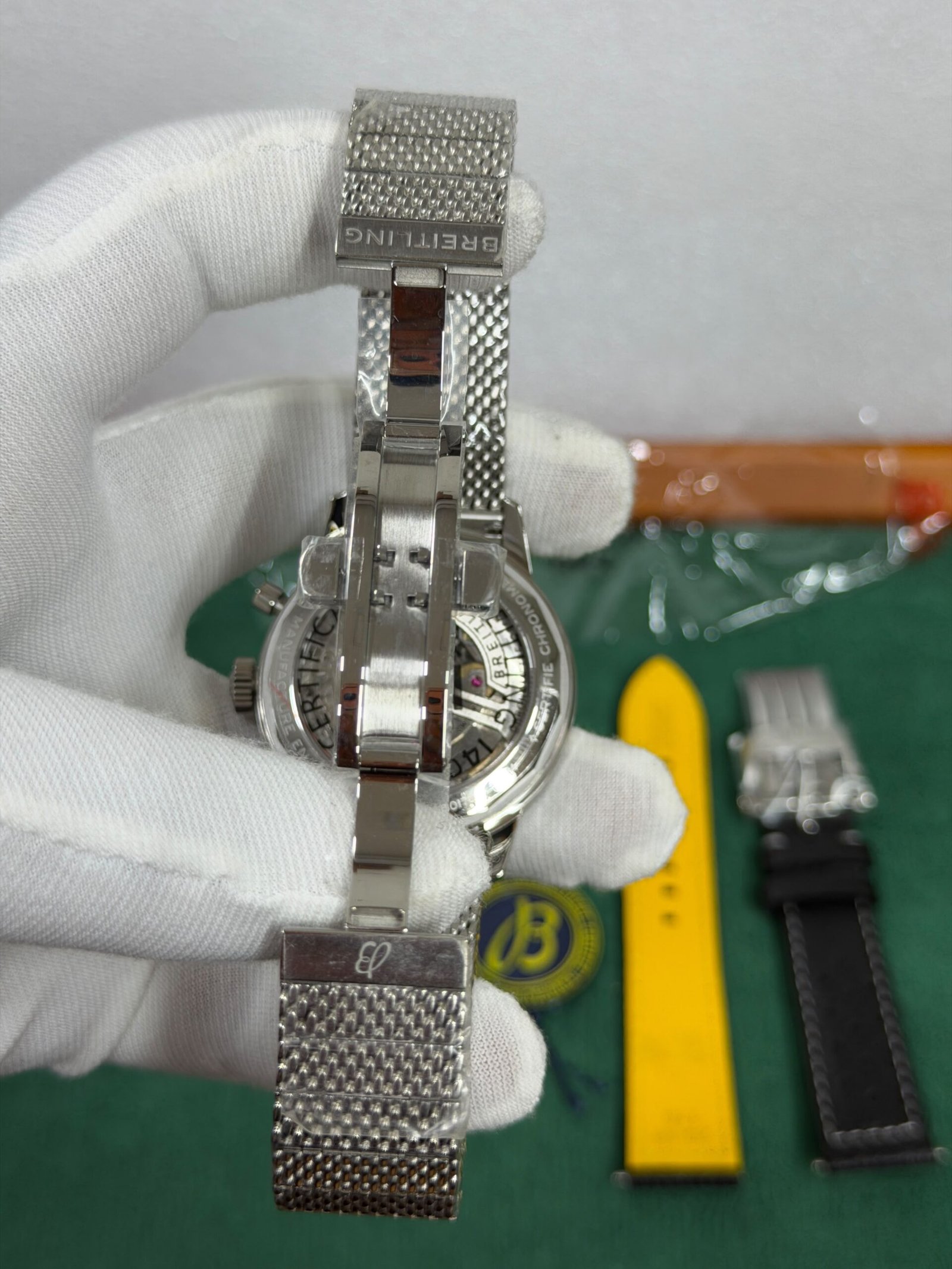 Breitling-Inspired Blue Dial Chronograph Watch with Stainless Steel Mesh Strap - Image 8