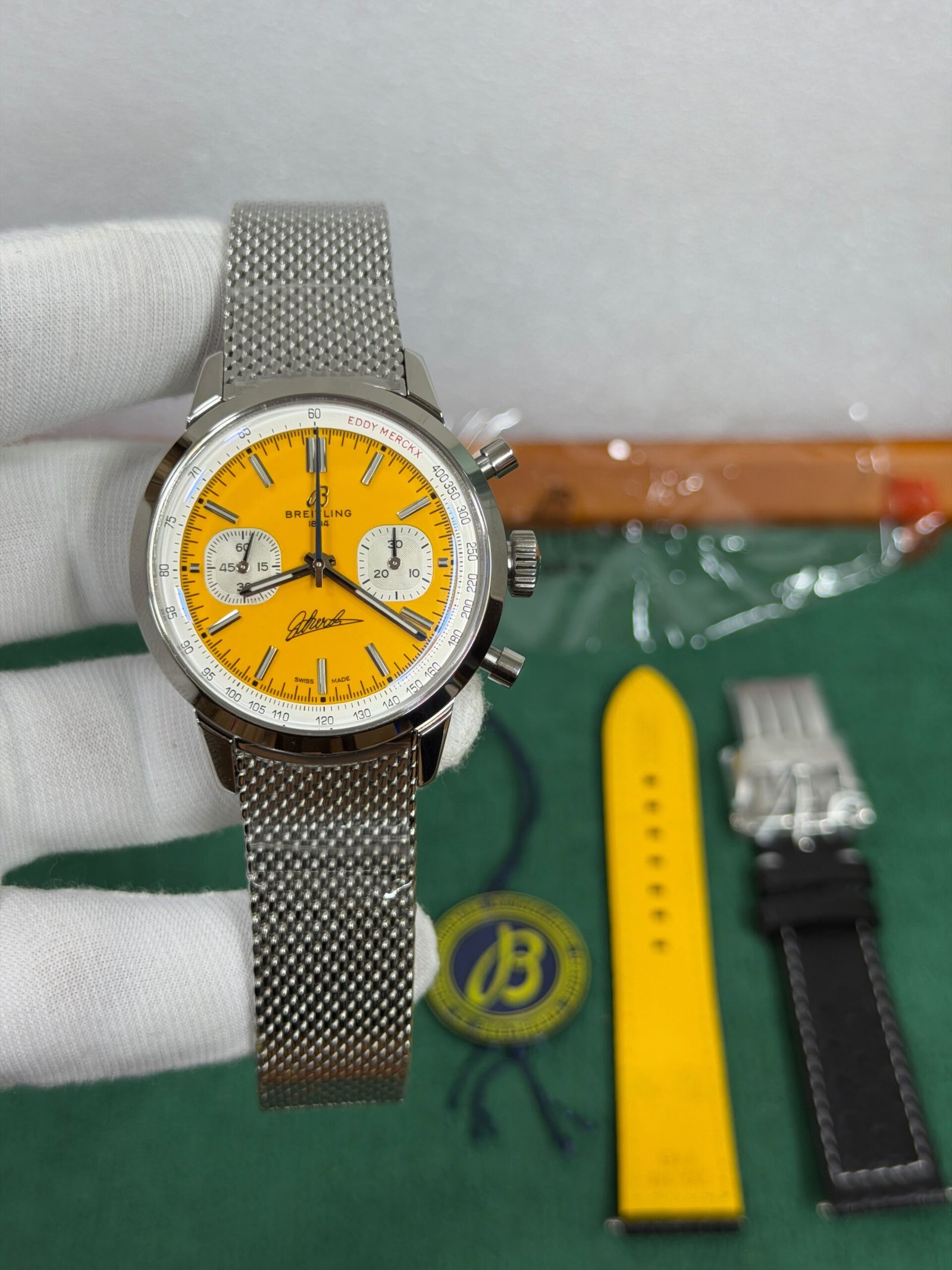 Breitling-Inspired Blue Dial Chronograph Watch with Stainless Steel Mesh Strap - Image 9