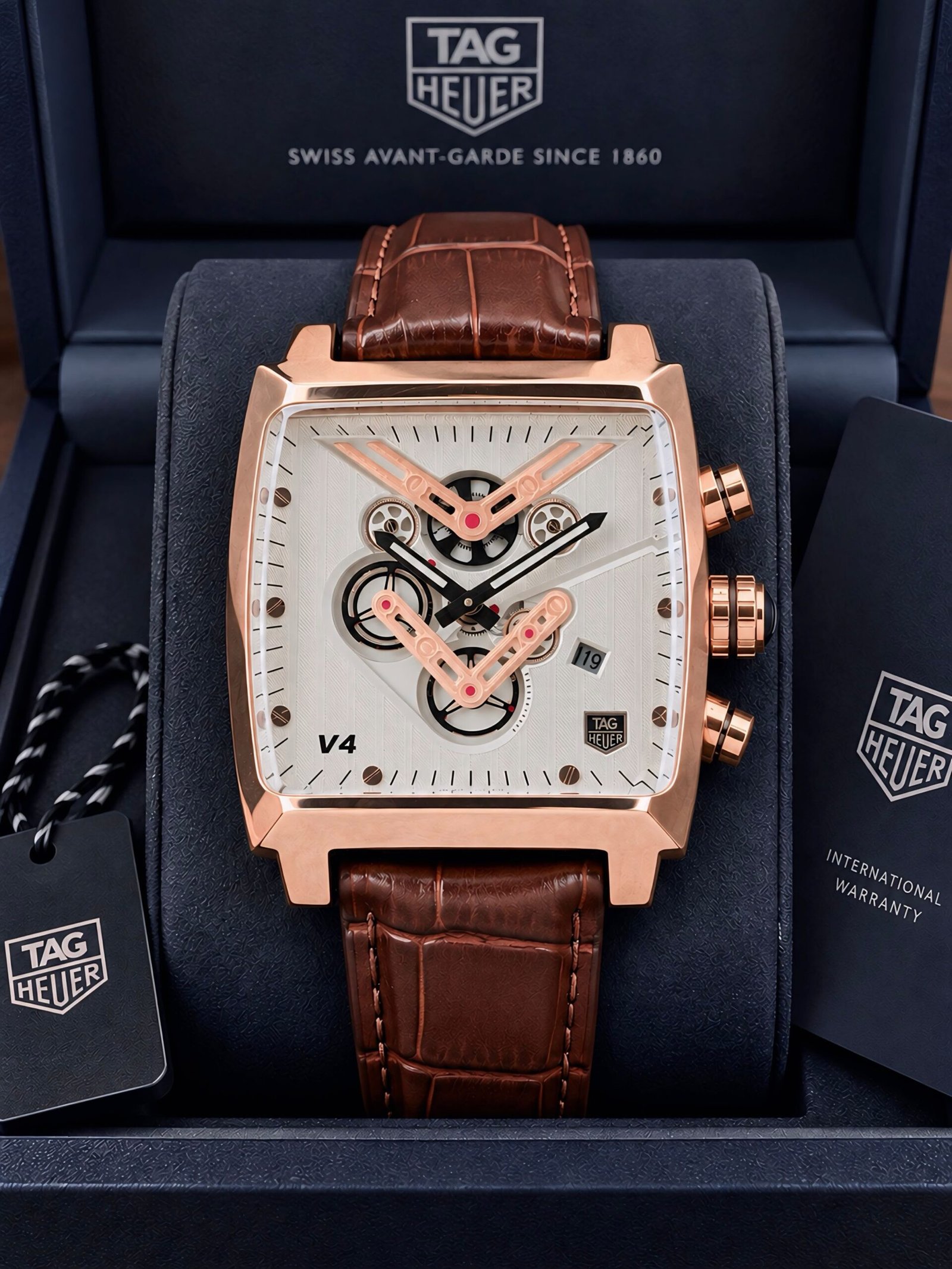 TAG Heuer V Style Monaco Rose Gold Chronograph Watch – Brown Leather Strap - Image 2