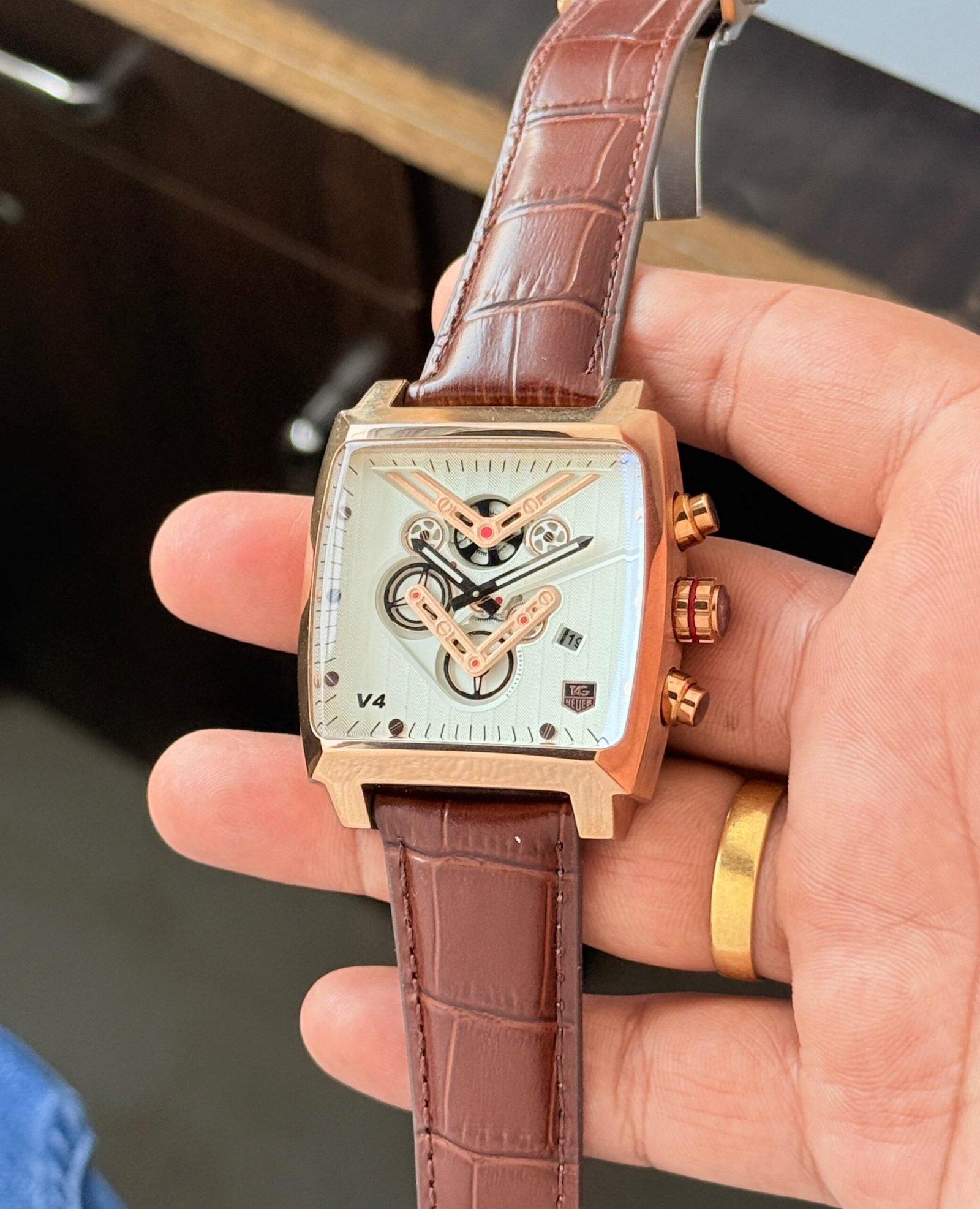 TAG Heuer V Style Monaco Rose Gold Chronograph Watch – Brown Leather Strap - Image 3