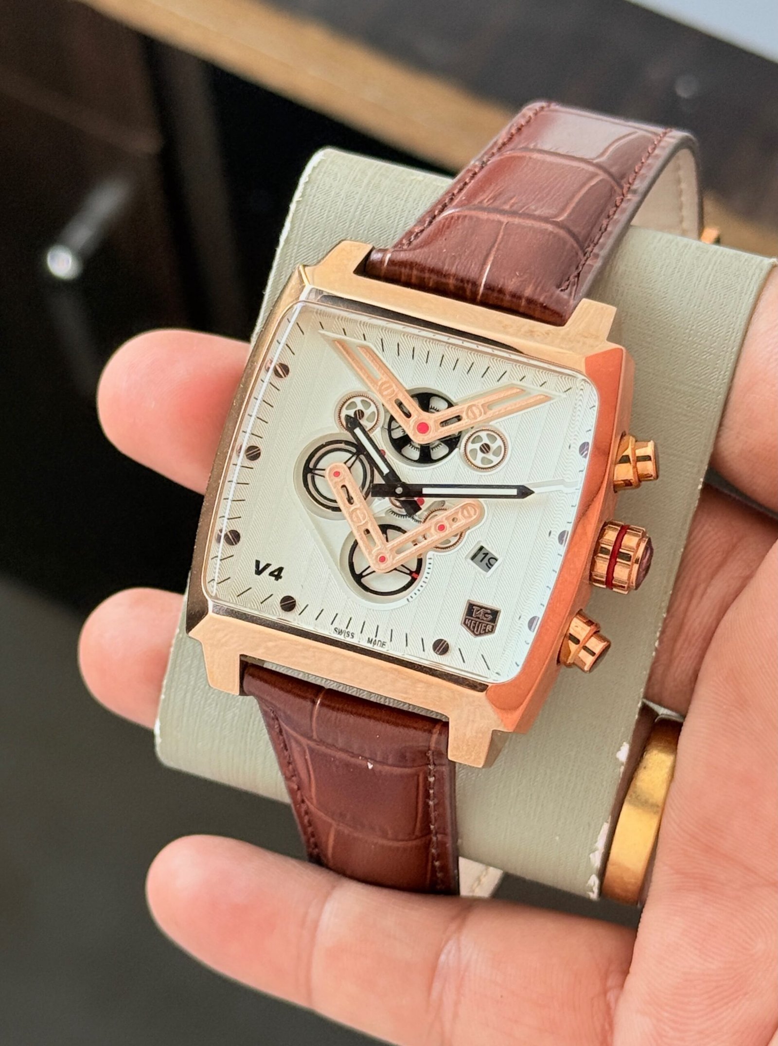 TAG Heuer V Style Monaco Rose Gold Chronograph Watch – Brown Leather Strap - Image 4