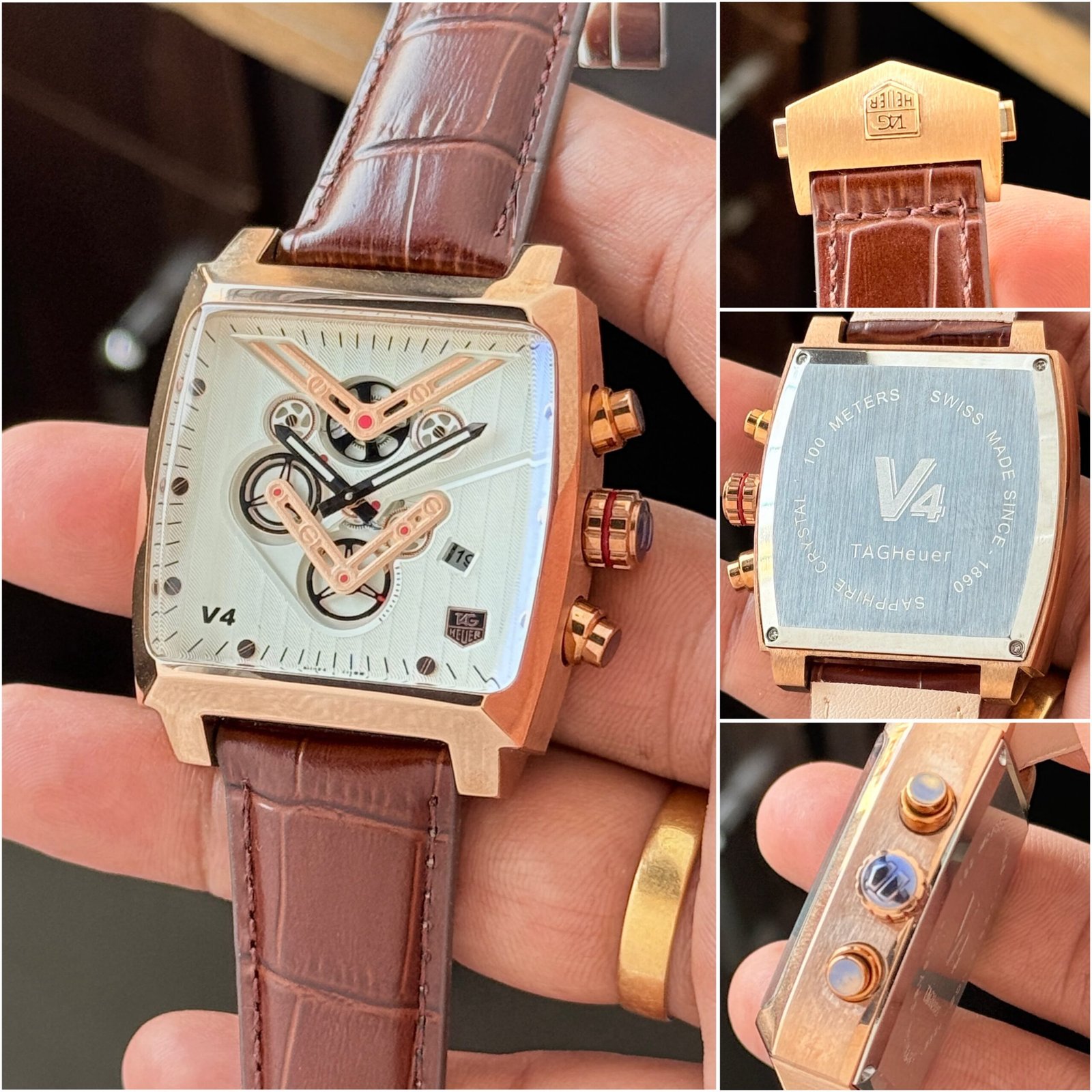 TAG Heuer V Style Monaco Rose Gold Chronograph Watch – Brown Leather Strap - Image 5