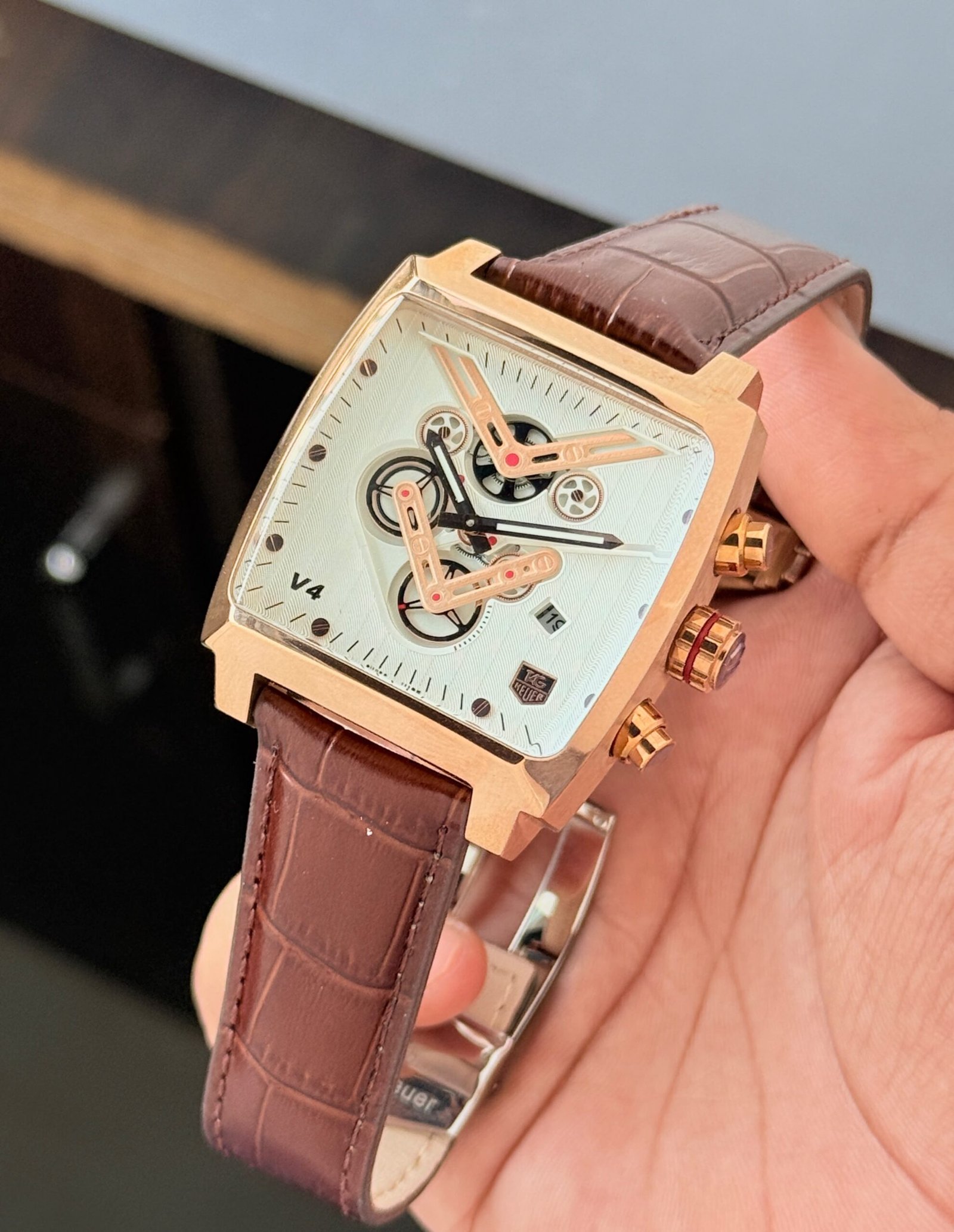 TAG Heuer V Style Monaco Rose Gold Chronograph Watch – Brown Leather Strap - Image 6