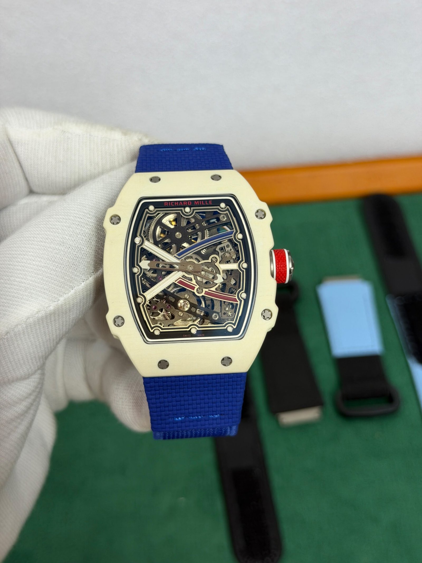 Ivory Skeleton Luxury Watch with Blue Strap - Image 6