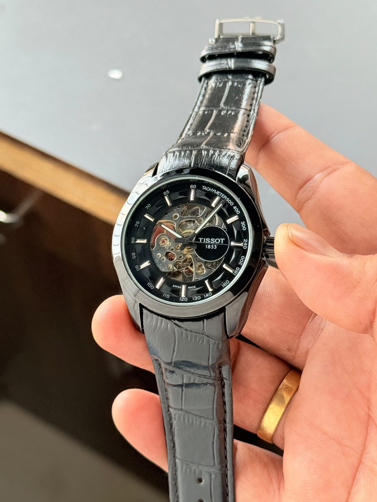 Black Skeleton Automatic Watch with Leather Strap - Image 2