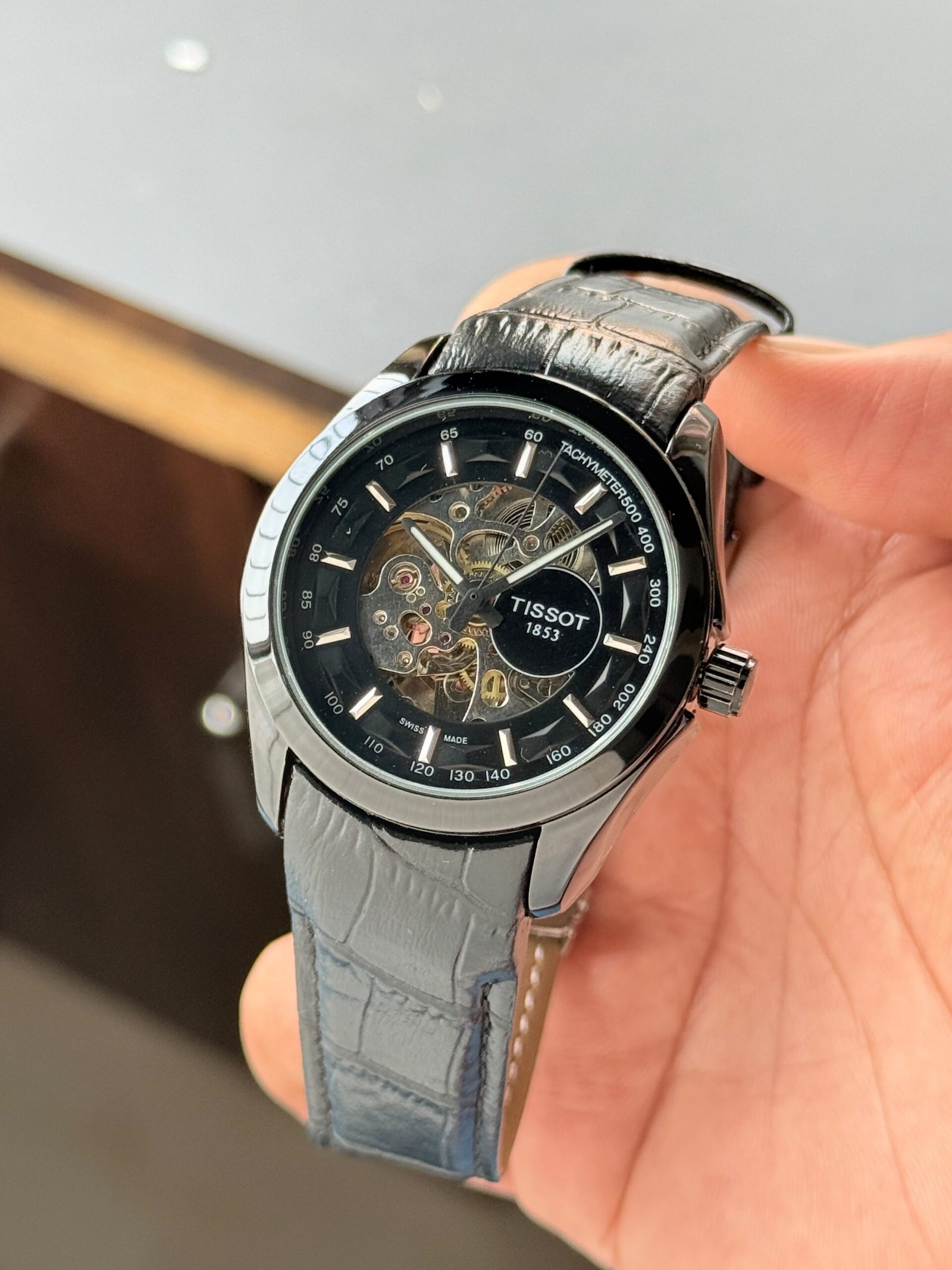 Black Skeleton Automatic Watch with Leather Strap - Image 3