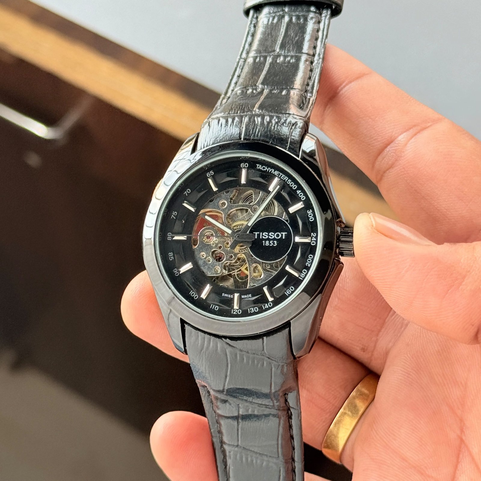 Black Skeleton Automatic Watch with Leather Strap - Image 4