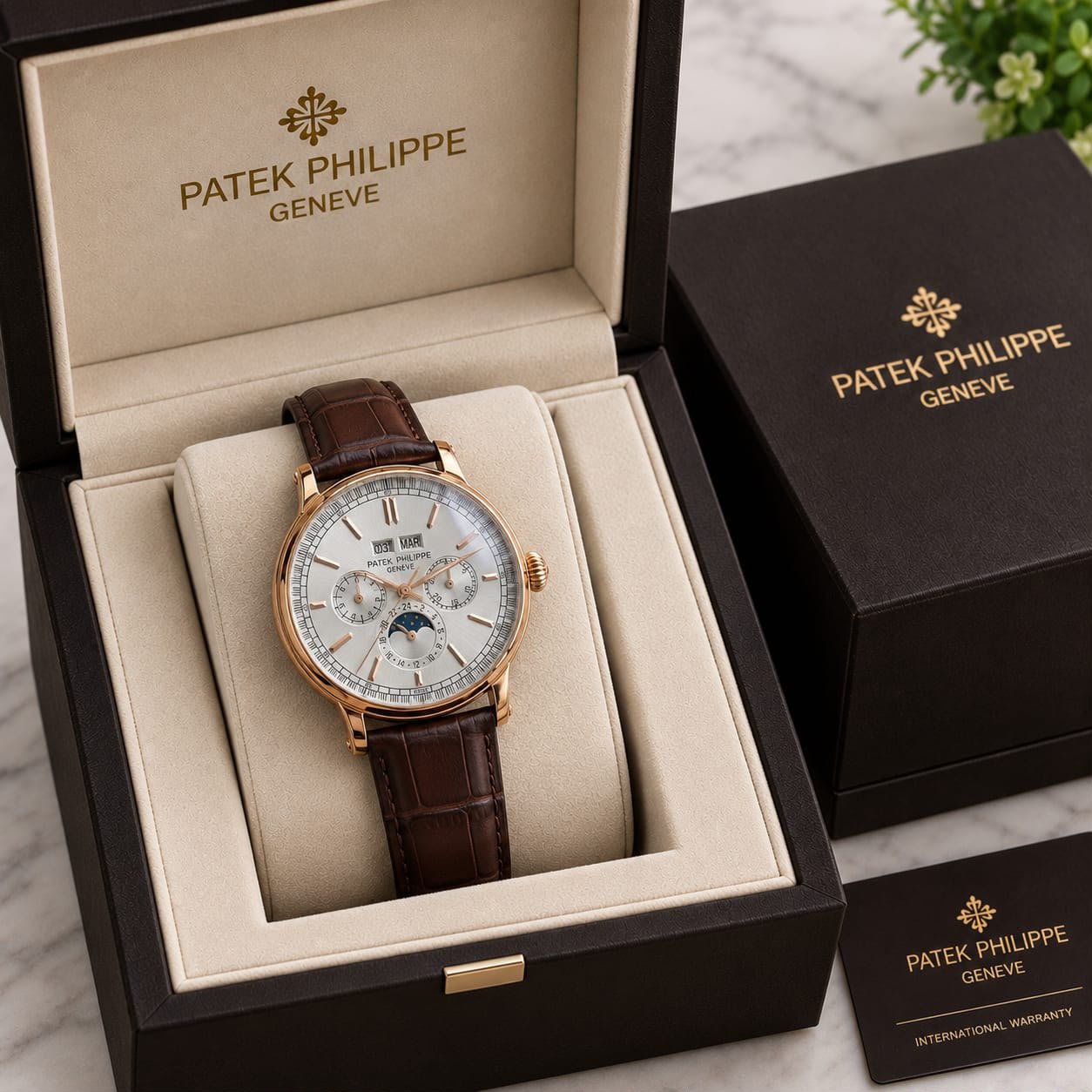 Patek Philippe style rose gold luxury watch with brown leather strap