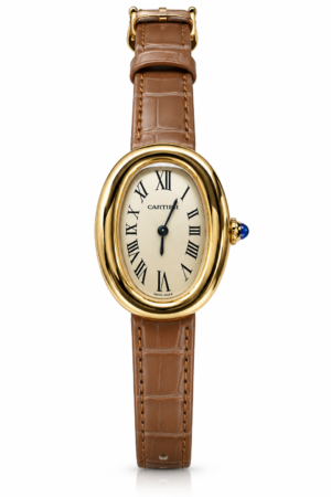 Elegant oval gold-tone watch with tan leather strap