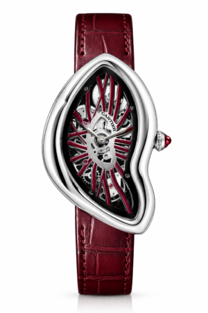 Elegant Silver-Tone Skeleton Watch with Burgundy Leather Strap