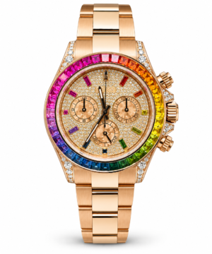 Rose gold-tone chronograph-style watch with champagne pavé-style dial and rainbow-colour bezel