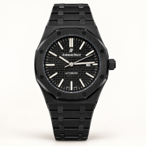 Black octagonal men's watch with textured black dial, silver-tone hour markers and integrated black metal bracelet