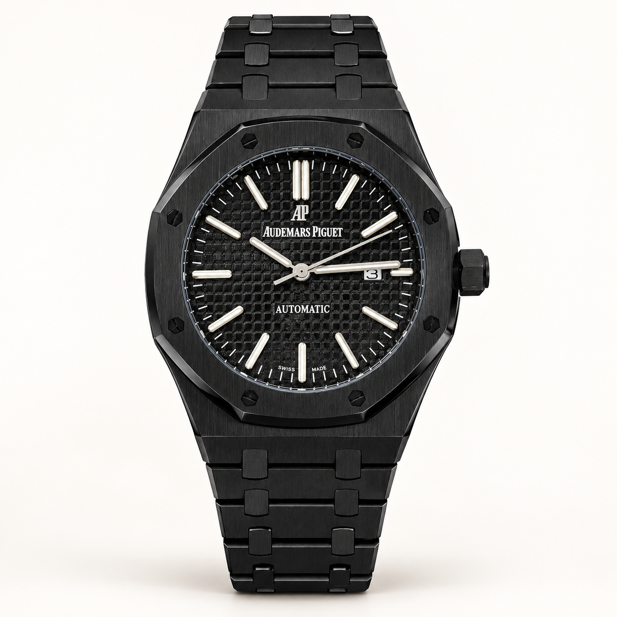 Black octagonal men's watch with textured black dial, silver-tone hour markers and integrated black metal bracelet