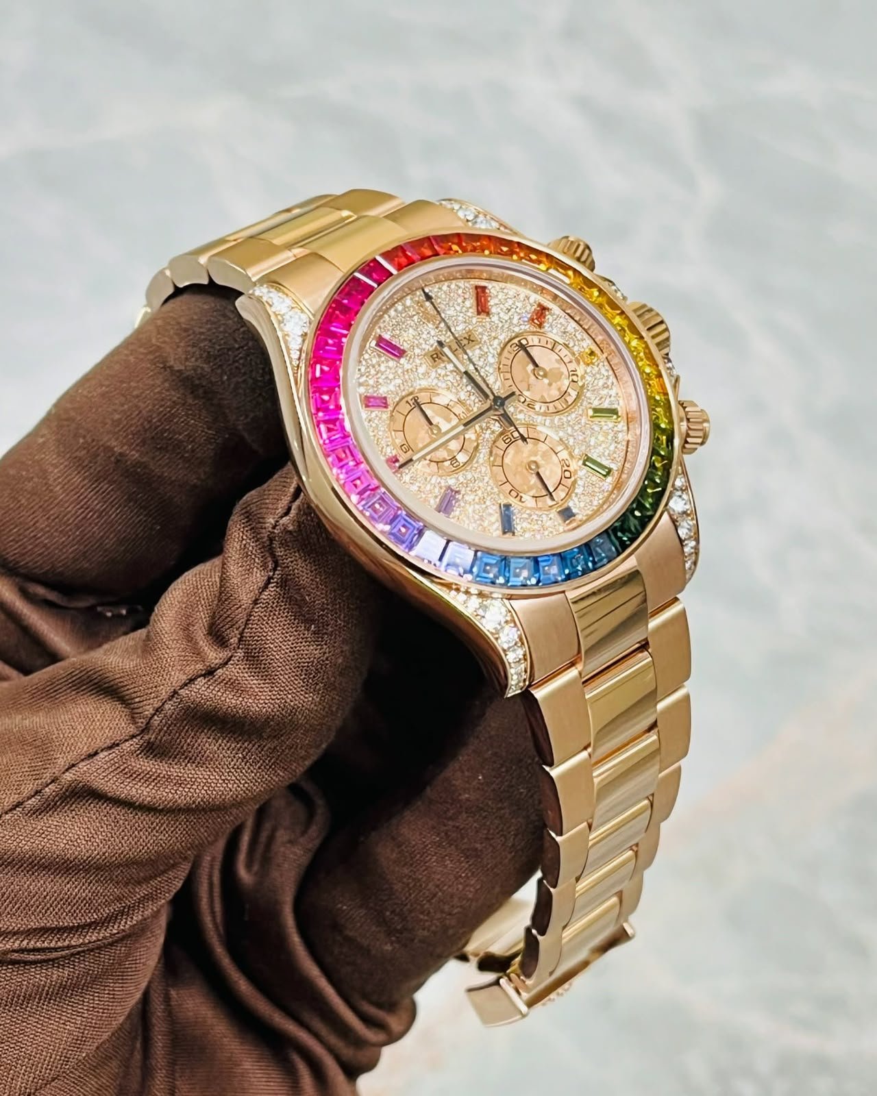 Rose Gold Rainbow Bezel Chronograph Watch - Image 4
