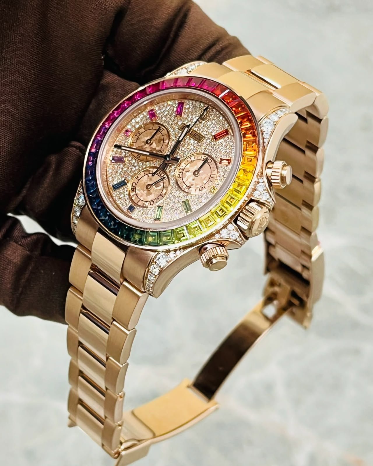 Rose Gold Rainbow Bezel Chronograph Watch - Image 2
